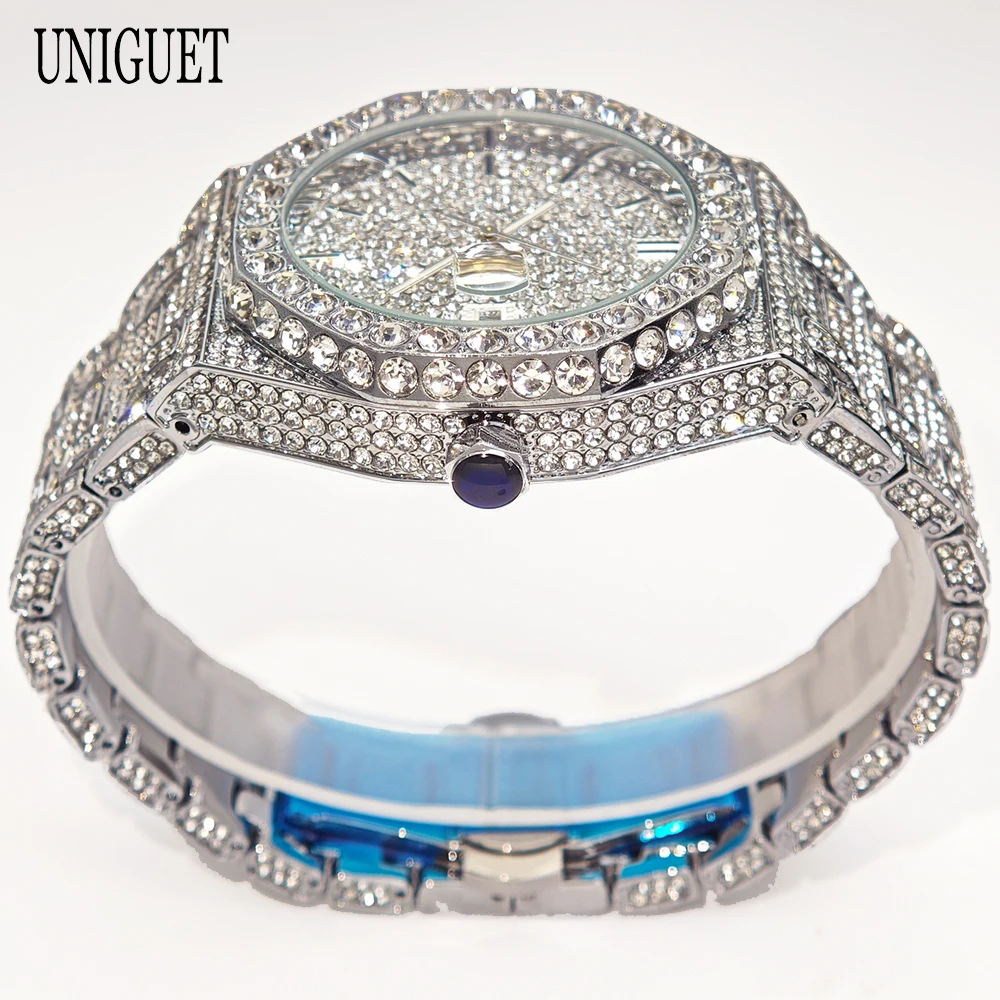 Reloj de lujo a la moda con diamantes helados para hombre, marca superior UNIGUET Hip Hop Bling, reloj de fecha resistente al agua para accesorios elegantes, nuevo de 2025