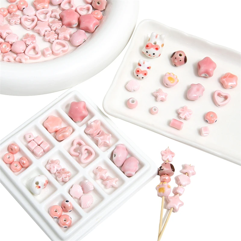 Handmade Pink Color Ceramic Beads Porcelain Heart Star Shell Flower Fish Beads for Necklace Bracelet DIY Jewelry Craft Making