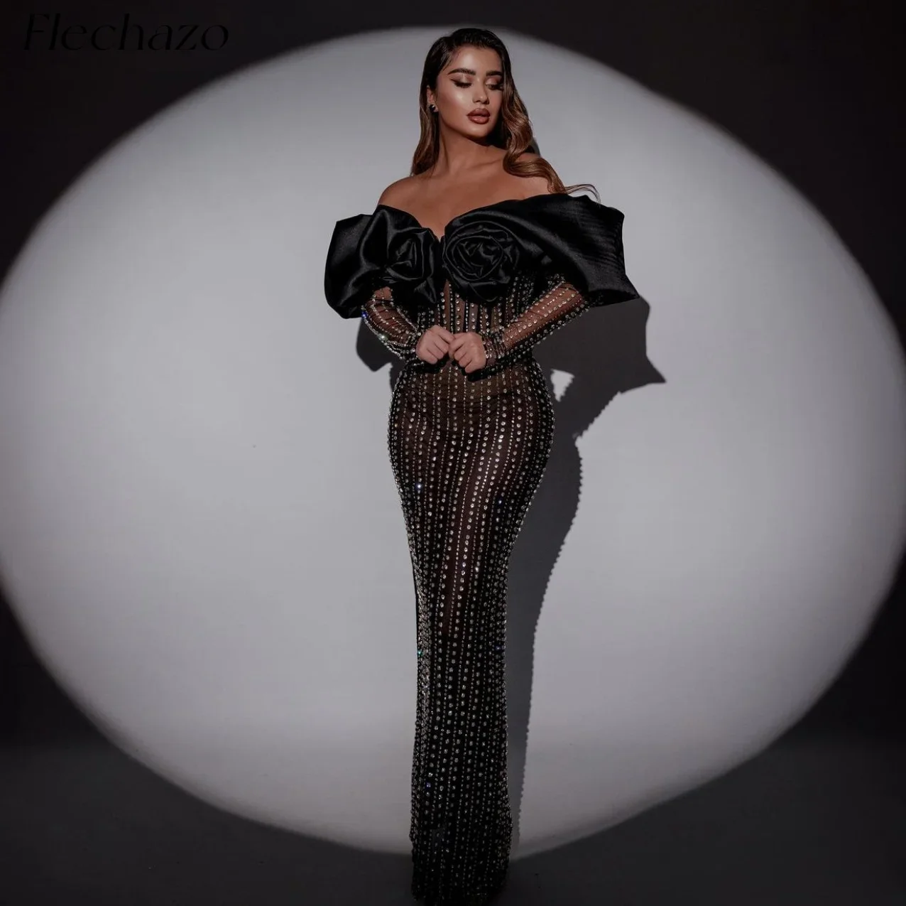 

Flechazo Black Tulle Evening Dresses Off Shoulder Illusion Beading Sexy Cocktail Sheath Dress For Women 2024 vestidos de noche