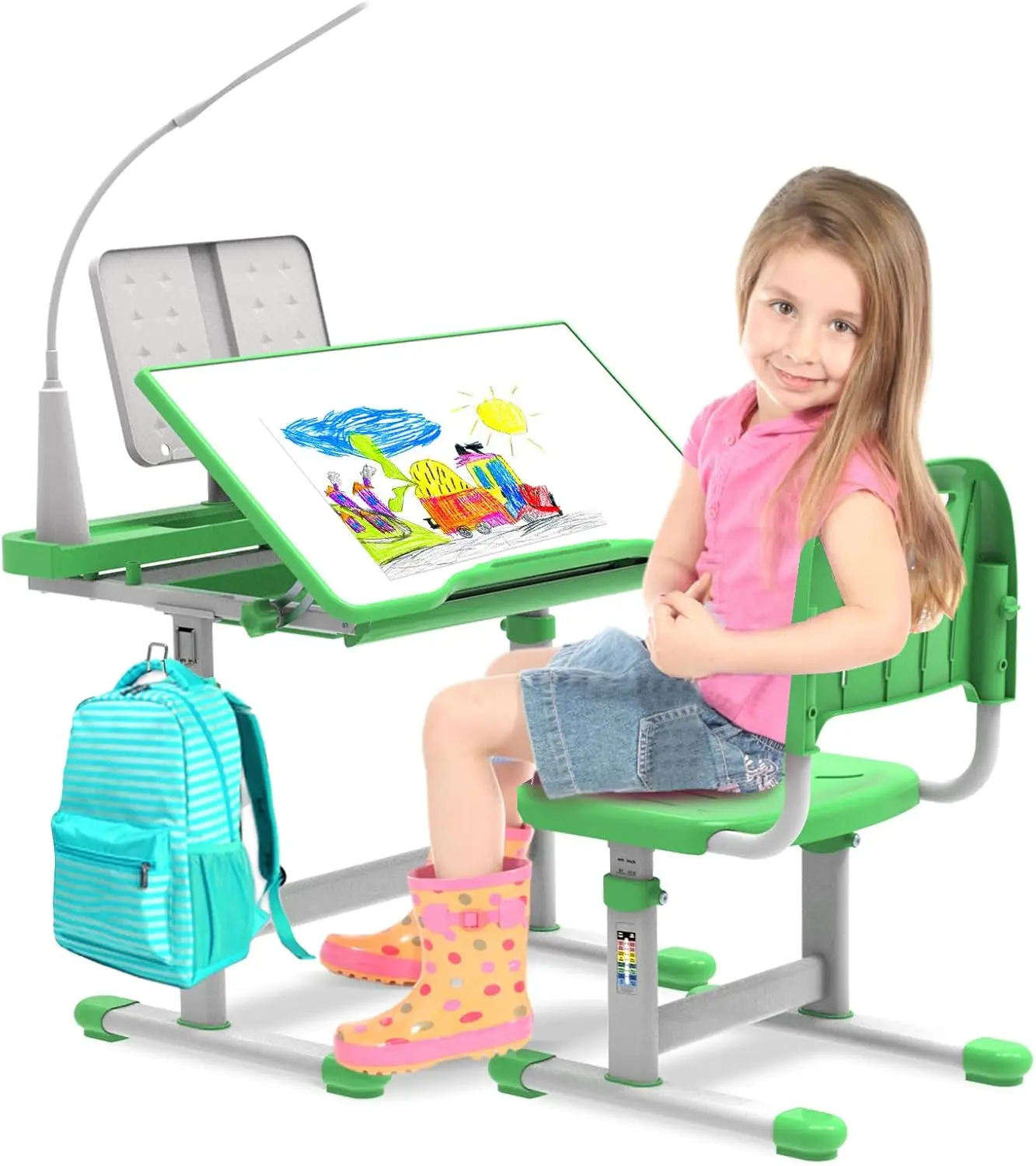 Kids Desk and Chair Set 5-8 Year Old, Kids School Desk for Kids Height-Adjustable Child Desk with 40-Degree Tilted Desktop, Kids