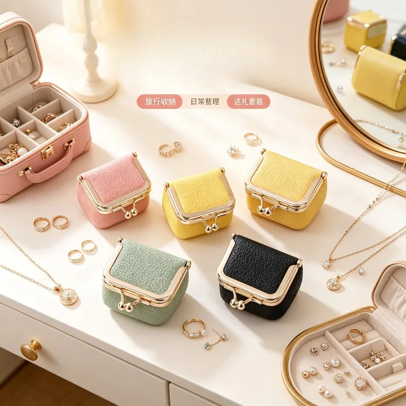 Genuine Leather Small Kiss Lock Jewelry Pouch, Mini Jewelry Box for Rings, Necklaces, Earrings, Premium Earbud Storage Bag