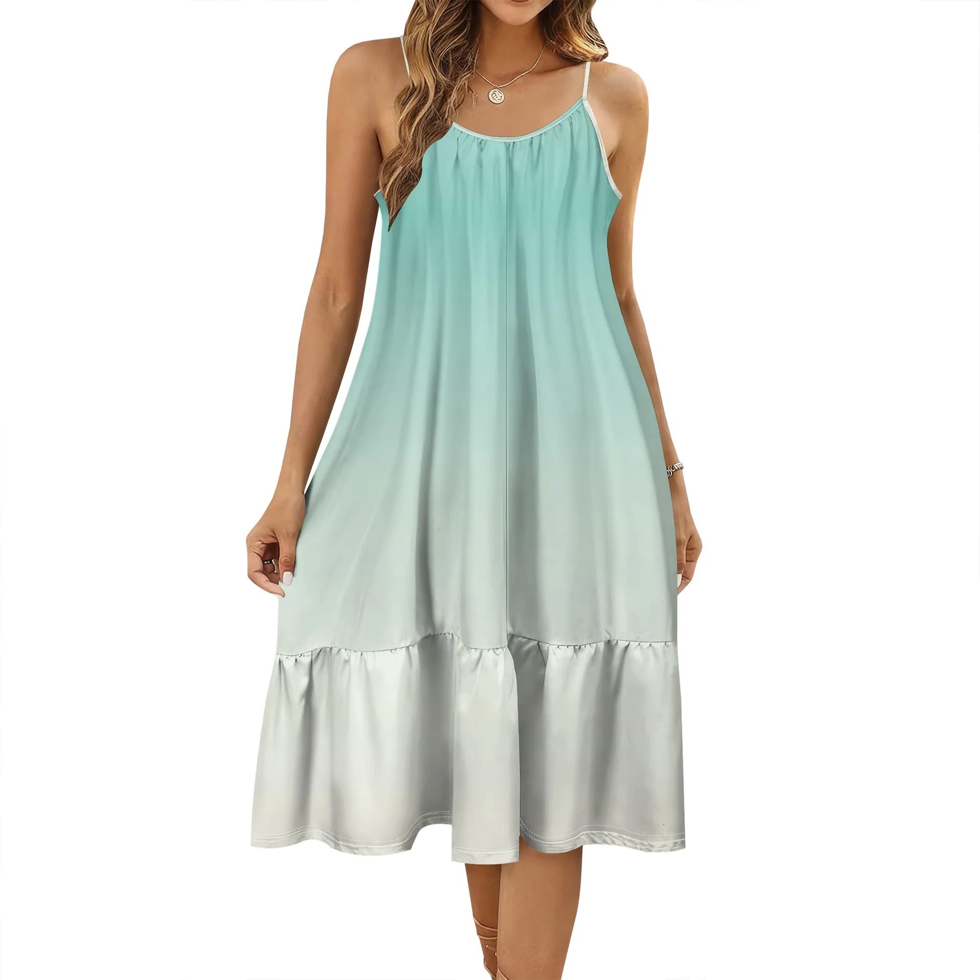 สตรีฤดูร้อน Ruched แขนกุด Scoop คอ Midi ชุดลําลองหลวม Fit Flowy ฉัตร Line Beach Cami Sundress