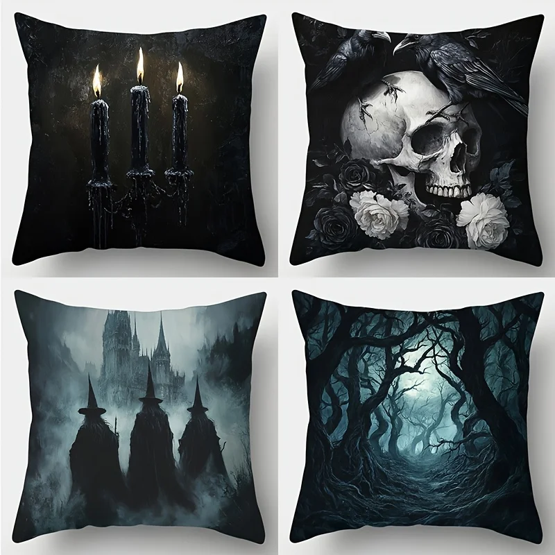 4pcs Set, Printed Pillowcase, Dark and Mysterious, Black Candles, Skulls, Roses, Crows, Pointed Hat Figures, Spooky Woods
