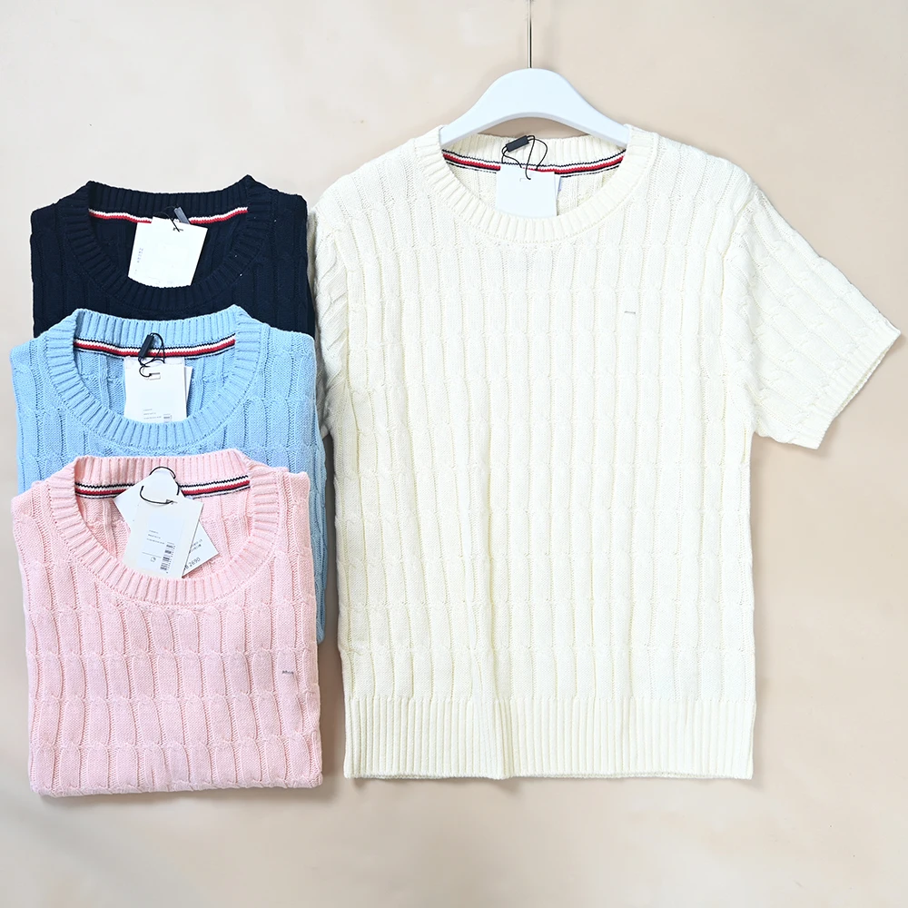 

New Women's Cotton Knitted Short Sleeve Sweater with Braided Flower Embroidery round Neck Casual Style Summer Fashion
