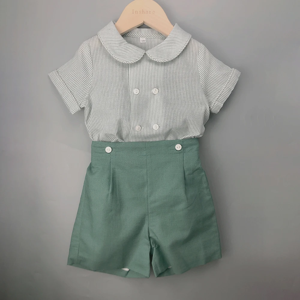 Children Boutique Spanish Clothing Boys Girls Striped Set Short Sleeve Green Cotton Linen Set Sister Brother Clothes Outfit