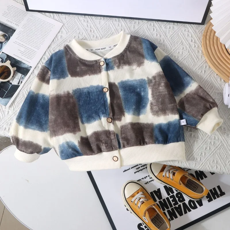 New Children's Baseball Jersey with Fashionable Floral Tie Dye Jacket for Kids, Cardigan Top for Babies