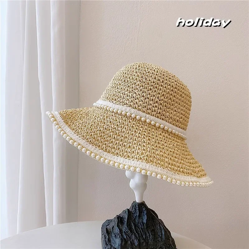 

Women's Woven Straw Sun Hat - UPF 50+, Wide Brim, Pearl - Decorated Bucket Hat for Summer Beach & Park
