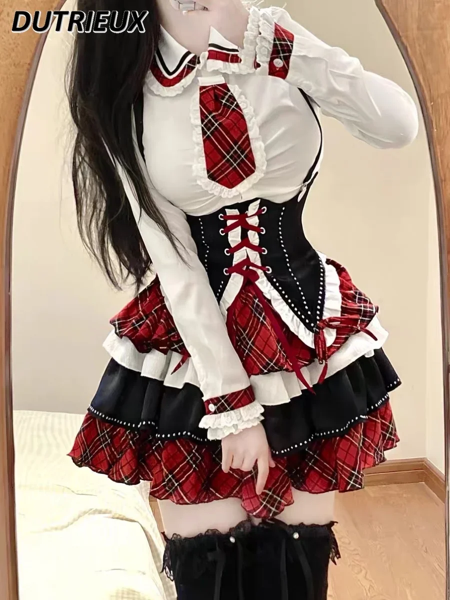 Sweet Lolita Heavy Industry Plaid Contrasting Skirt High Waist Puffy Short Skirts Splicing Strap Waist and Long Sleeve Shirt Set