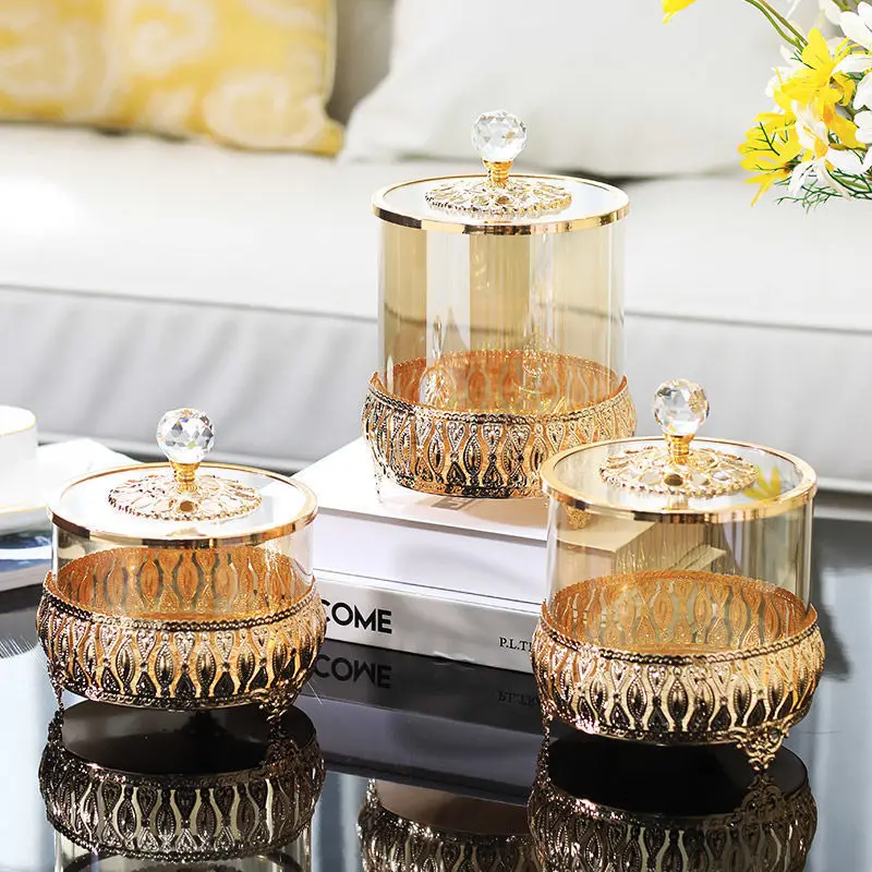 

European-style Glass Candy Jars Metal Hollow Jewelry Cotton Swab Box Candle Holder Delicate Food Tea Storage Bottle Home Decor