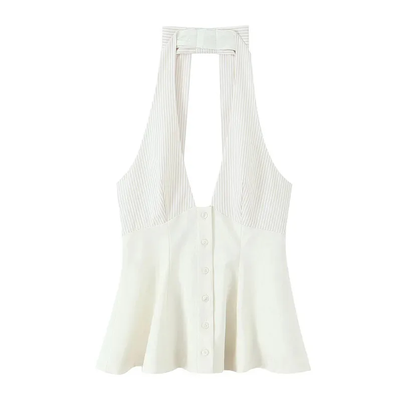 

Women's Slim Fit Stripe Splicing Crop Top Sleeveless Backless Summer Fashion Sexy Short Top for Female