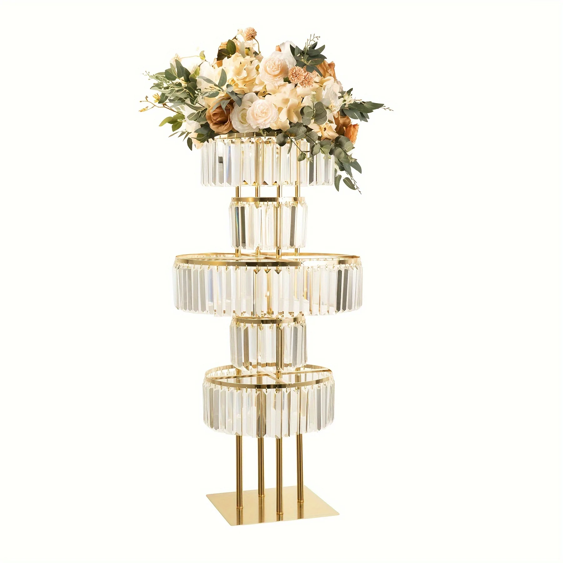 

1pc Wedding Golden Vases Centerpieces Featuring a Crystal Flower Stand Adorned with Hanging Crystals, a Five-Tier Round Chandelier Pedestal Stand Designed for Floral Arrangements at Wedding Processions And Stage Decorations
