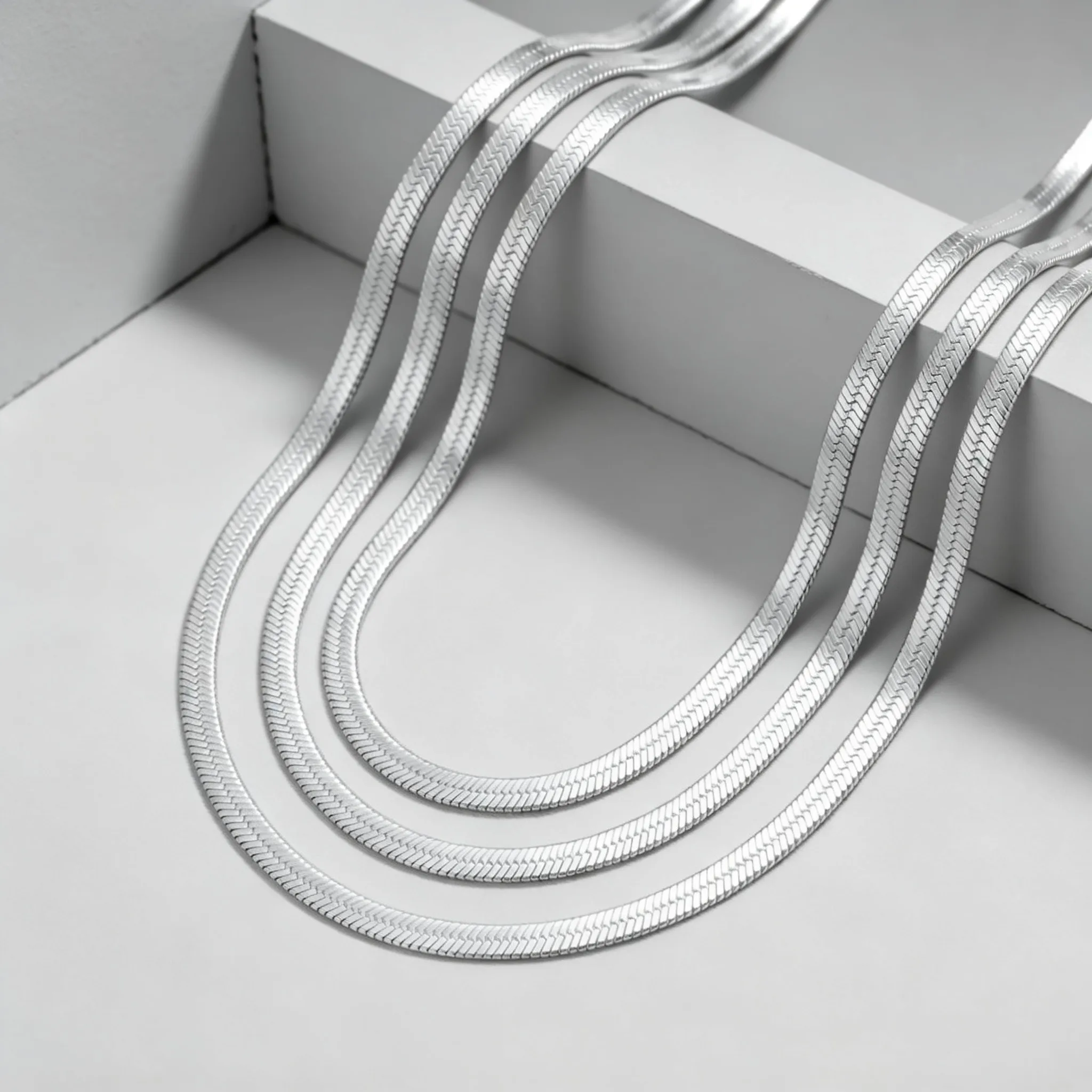 Dainty Herringbone Chain Choker For Women, 3mm Stainless Steel Silver Plated Flat Link, Minimalist Punk Jewelry Gift