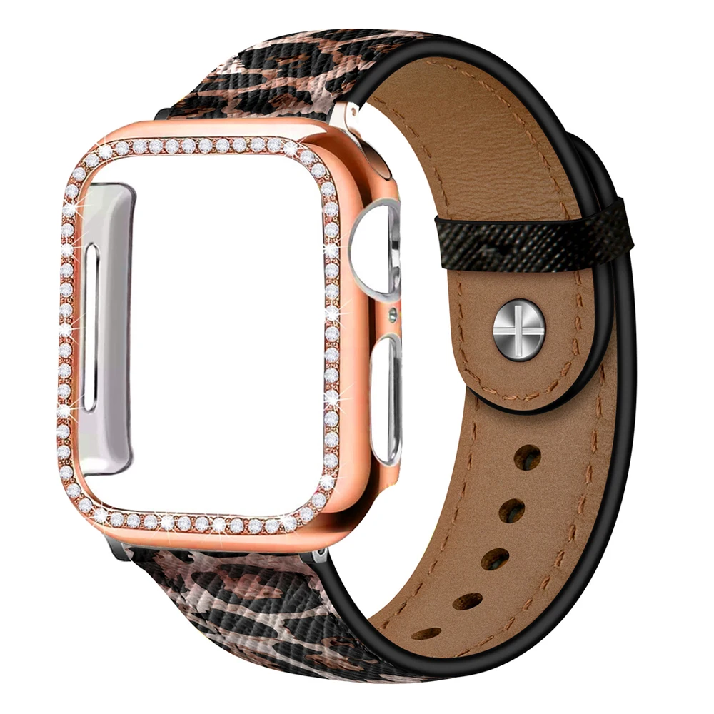 2pcs For apple watch 41mm 40mm 44mm 45mm band Leopard print leather strap + bling PC case iwatch ultra2 49mm se 9 8 7 6 5 4 band