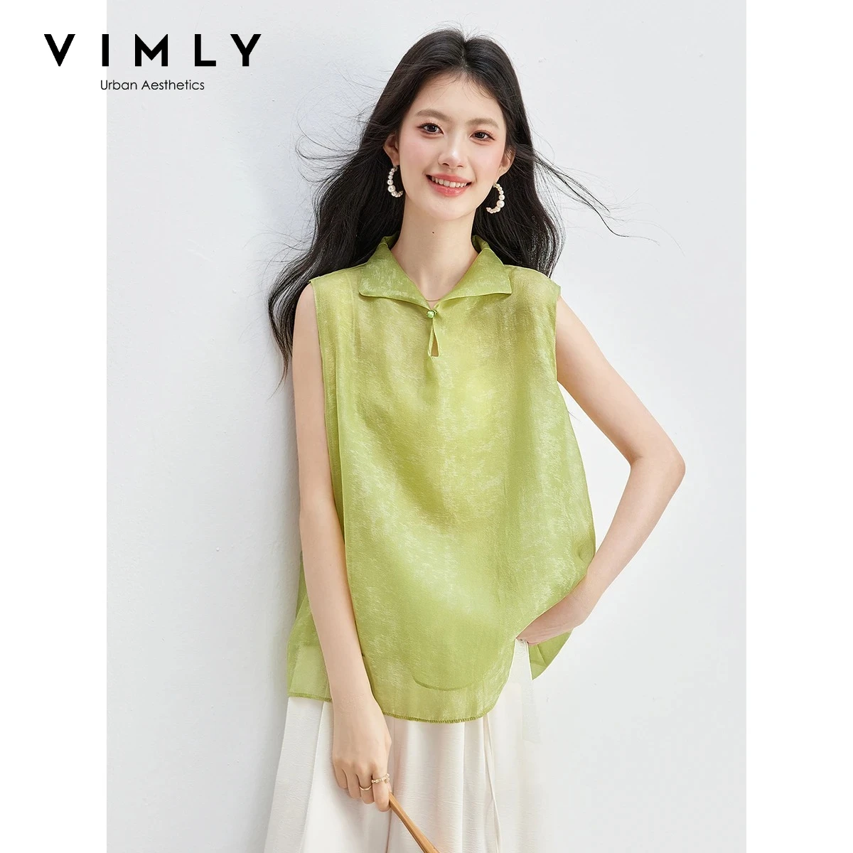 

VIMLY Casual Sleeveless Shirt Lapel Collar Hollow Out Chinese Style Jade Button Summer Textured Blouse Women's Clothing 31215