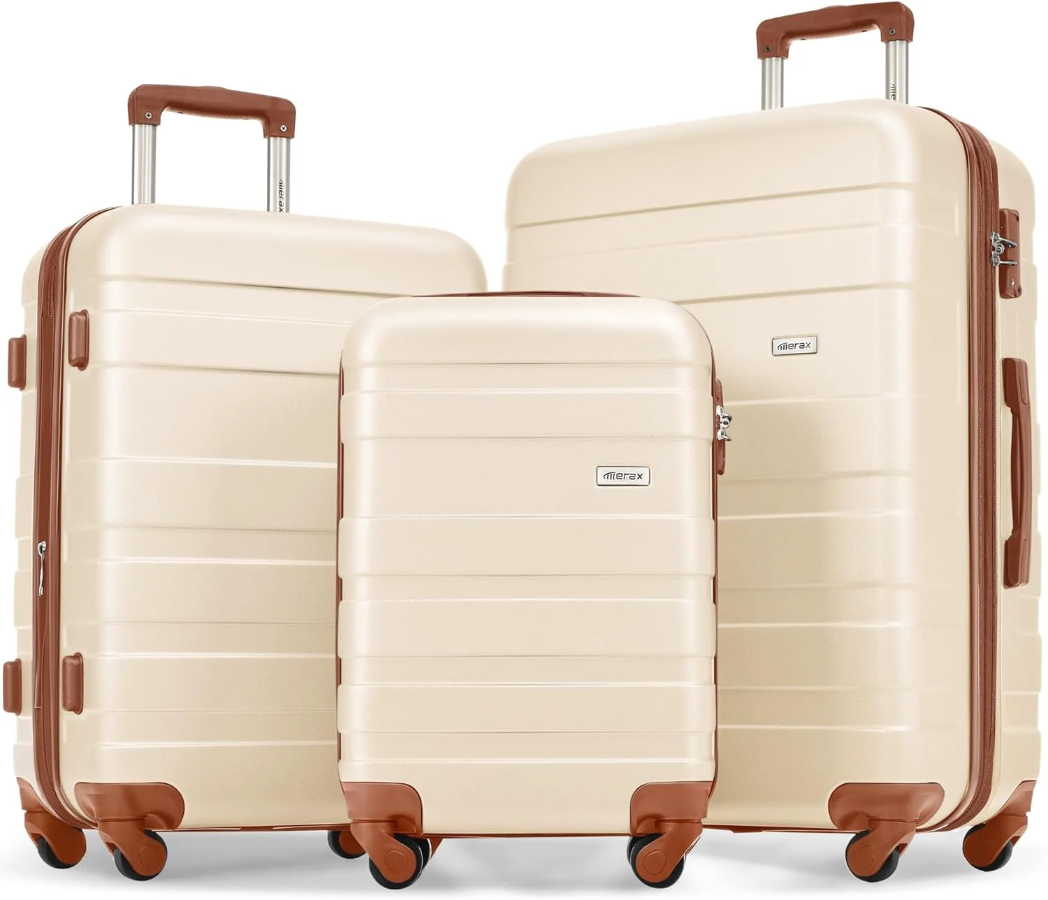 3-Piece ABS Hardshell Luggage Set with Spinner Wheels and TSA Lock, Brown/White, 20/24/28 Inch
