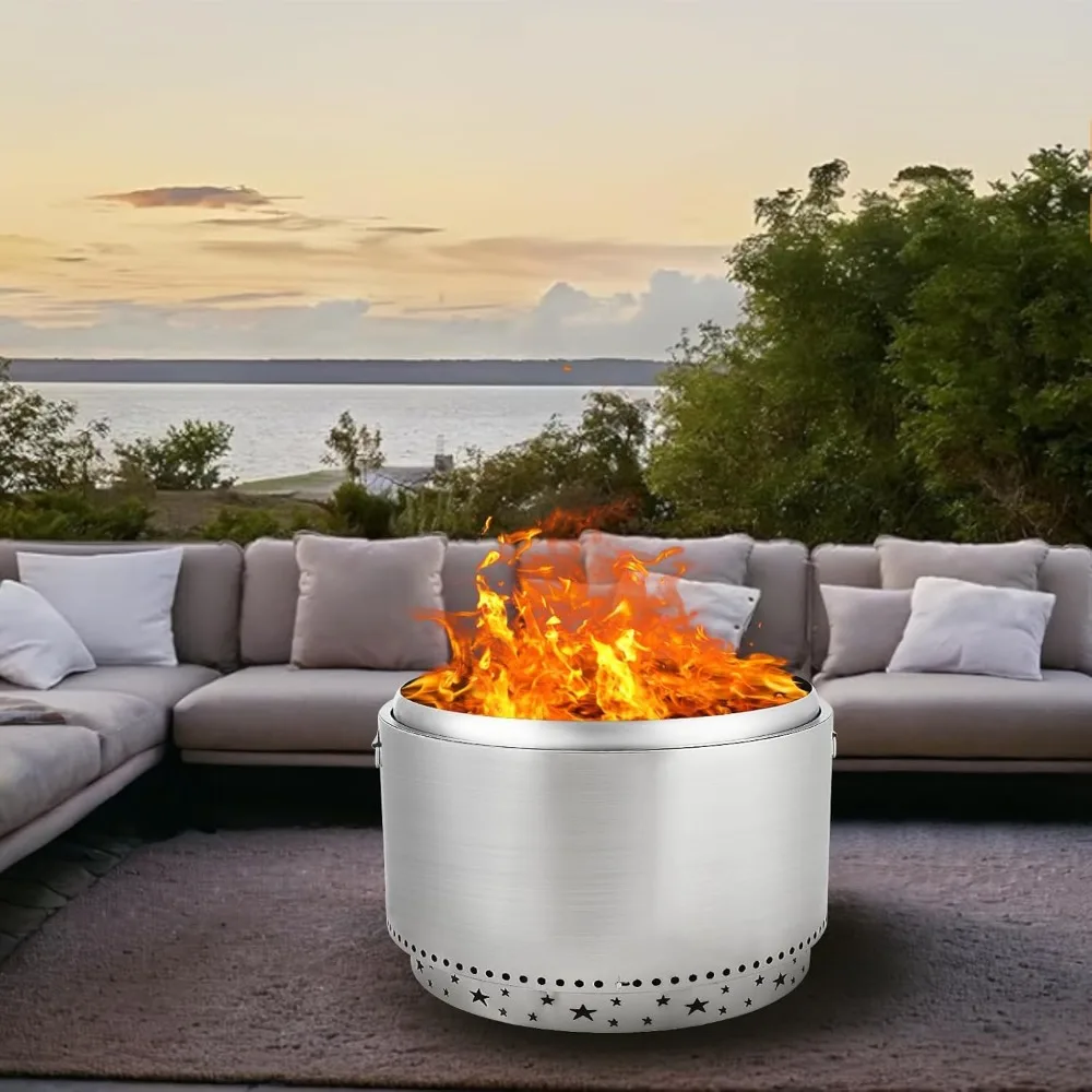 

27" Smokeless Fire Pit with Air Switch, Wood Burning Portable Stainless Steel Outdoor Firepit with Fixed Stand & Stove Hook