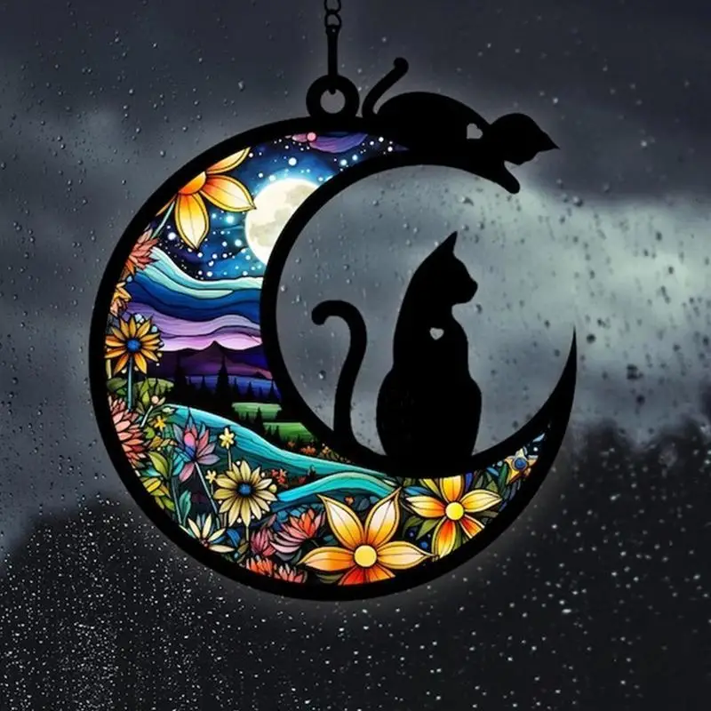 Cat On Moon Ornament Black Cat On Moon Window Hangings Cat Memorial Suncatcher Black Cat Halloween Decor For Home Garden Wall