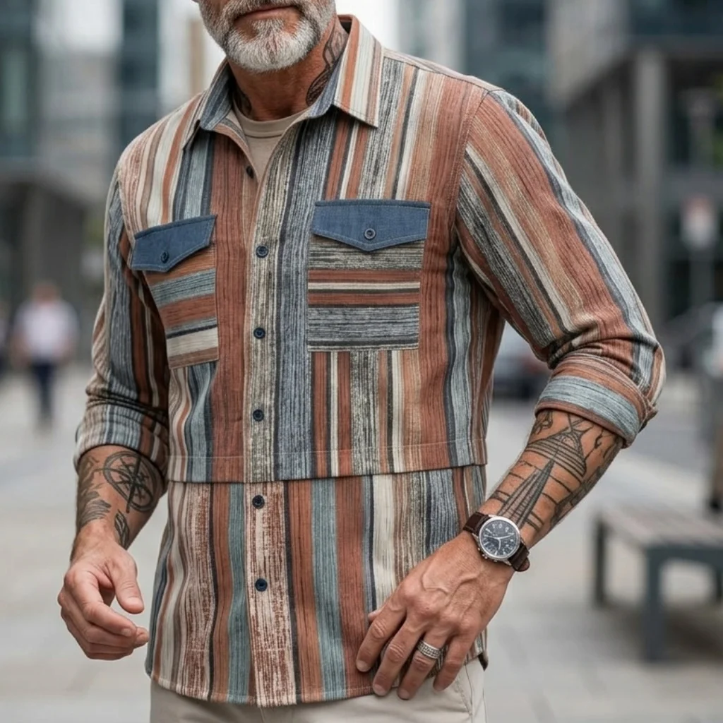 Breathable Men's Shirts Cotton Blend Vintage Striped Color Block Shirt Spring Summer Casual Pocket Lightweight Plus Daily Tops