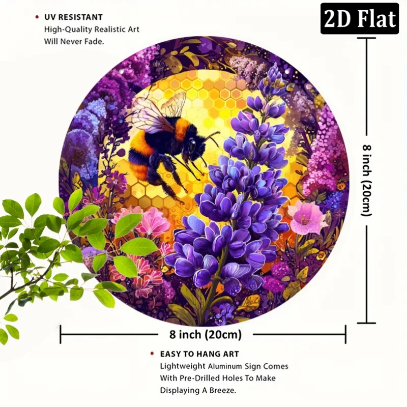 Metal Bee Flower Wall Art, 8x8 Inch Rustproof Aluminum Round Sign, Bumblebee Lavender Floral for Home Hanging