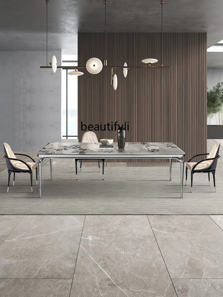 Italian Style Light Luxury Natural Luxury Stone Marble Dining Table Villa Rectangular Dining Tables and Chairs Set