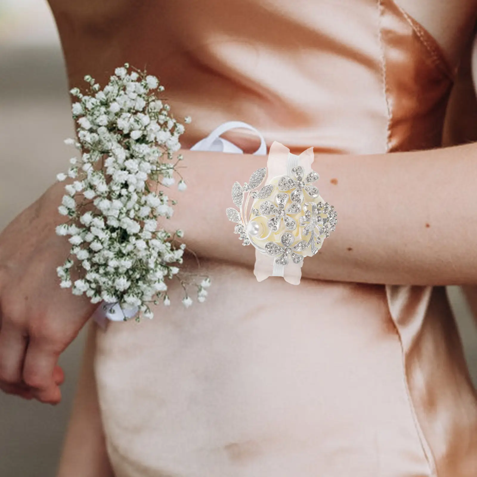 Elegant Wedding Wrist Corsage Rhinestone Bracelet Soft Comfortable Handmade Bridesmaids Bridal Flower Wristband