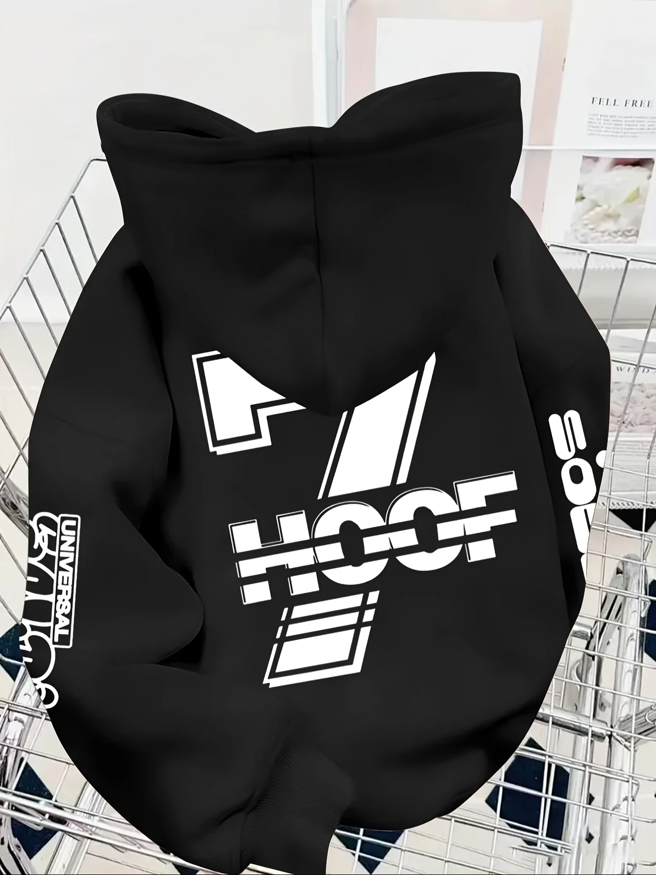 Men Distressed Geometric Number Letter Back & Sleeve Print Hoodie Pullover Sweatshirt Streetwear Loose Hooded Tops