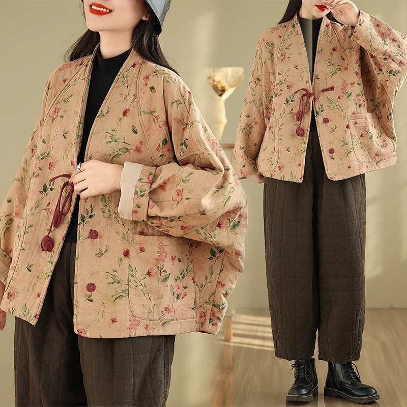 

Новая китайская хлопковая куртка с цветочным принтом, женская зимняя национальная хлопковая теплая универсальная верхняя одежда на пуговицах с v-образным вырезом и промежностью