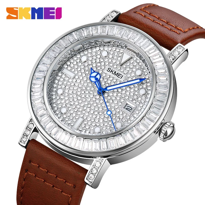 SKMEI Reloj Hombre Glitter Dial Waterproof Quartz Sports Watches For Men Mens Casual Genuine Leather Strap Wristwatch Date Clock