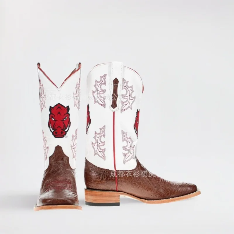 Men's White Brown Embroidered Western Cowboy Boots Square Toe with Razorback Mascot Detail for Game Day Rodeos Bold Country
