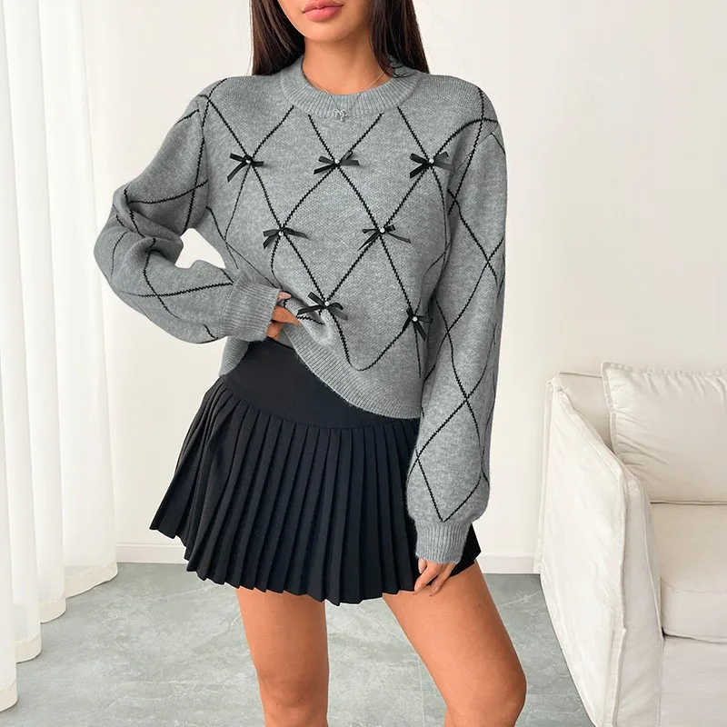 

Elegant knitted round neck bow decoration long sleeved pullover sweater for autumn and winter women fashion temperament sweater
