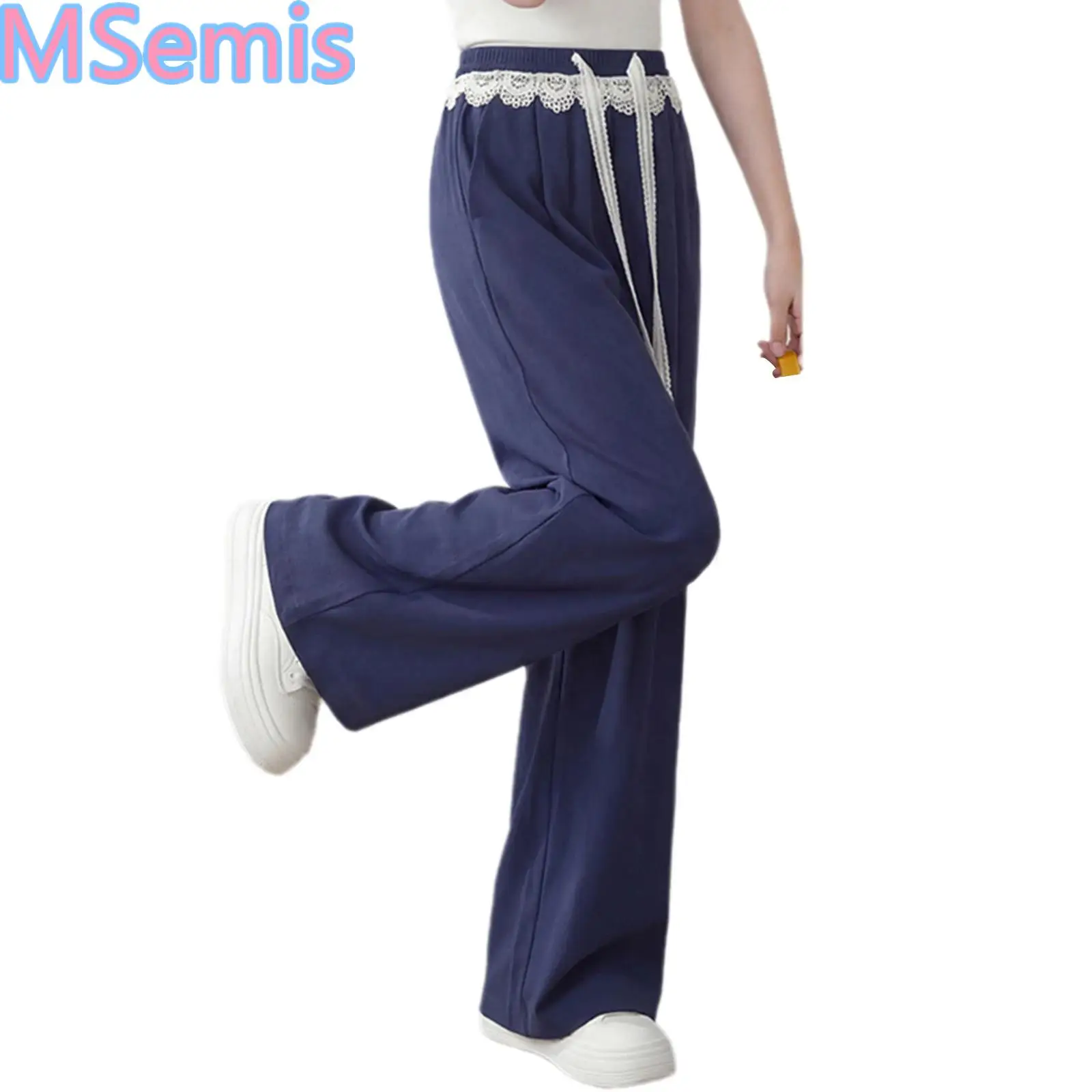 Kids Girls Fashion Lace Trim Wide-leg Pants Drawstring Elastic Waist Trousers with Pockets for Casual Daily Life Park Picnic