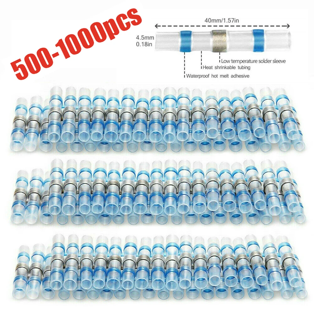 Waterproof Solder Seal Butt Connector Kit, 100/1000pcs Heat Shrink Splice for AWG16-14 Wire, Blue Tinned Copper