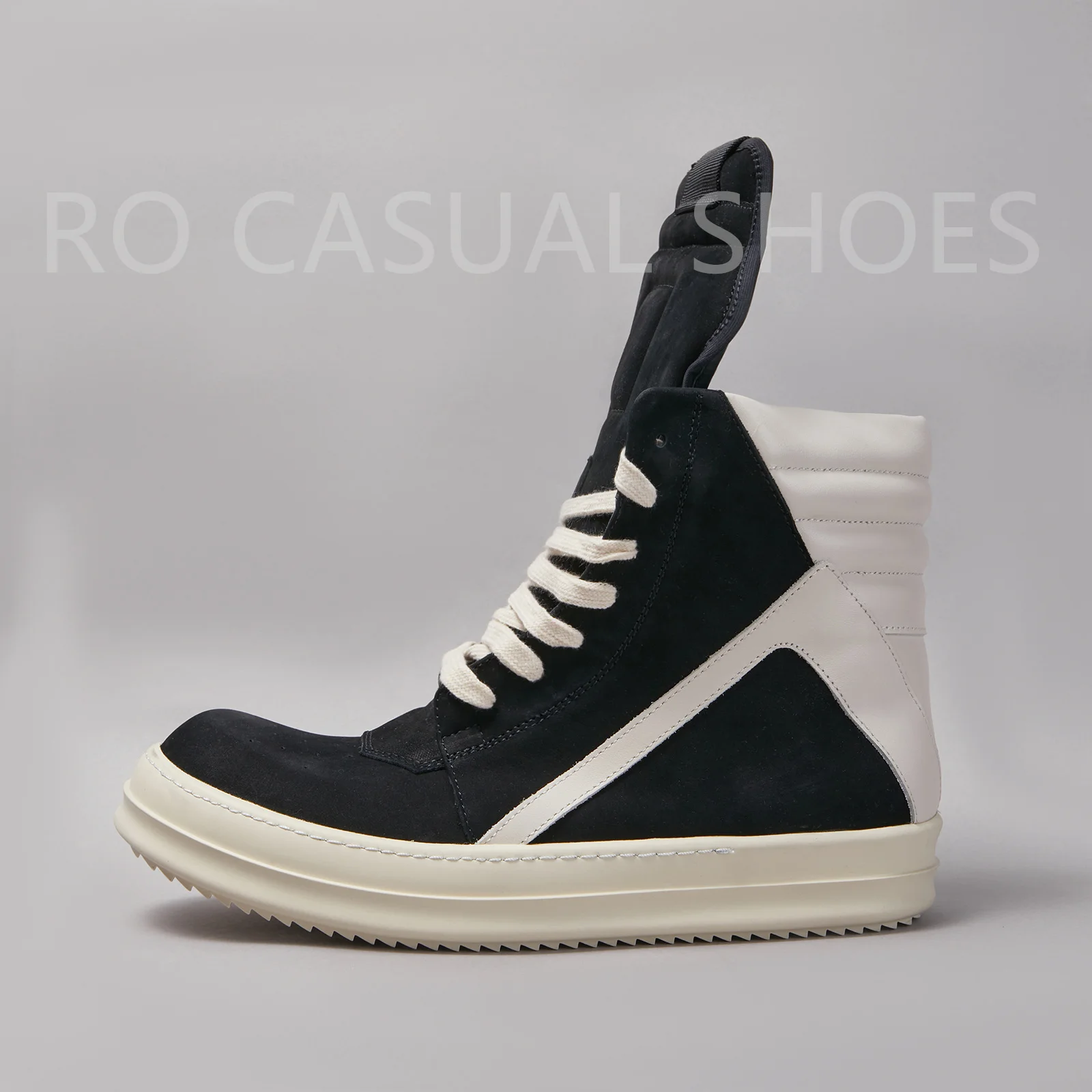 

Brand Ricks Casual Women Sneaker High Top Men Shoe Black Suede Leather Geobasket Zip Ankle Boot Owens Quality Flat Shoe