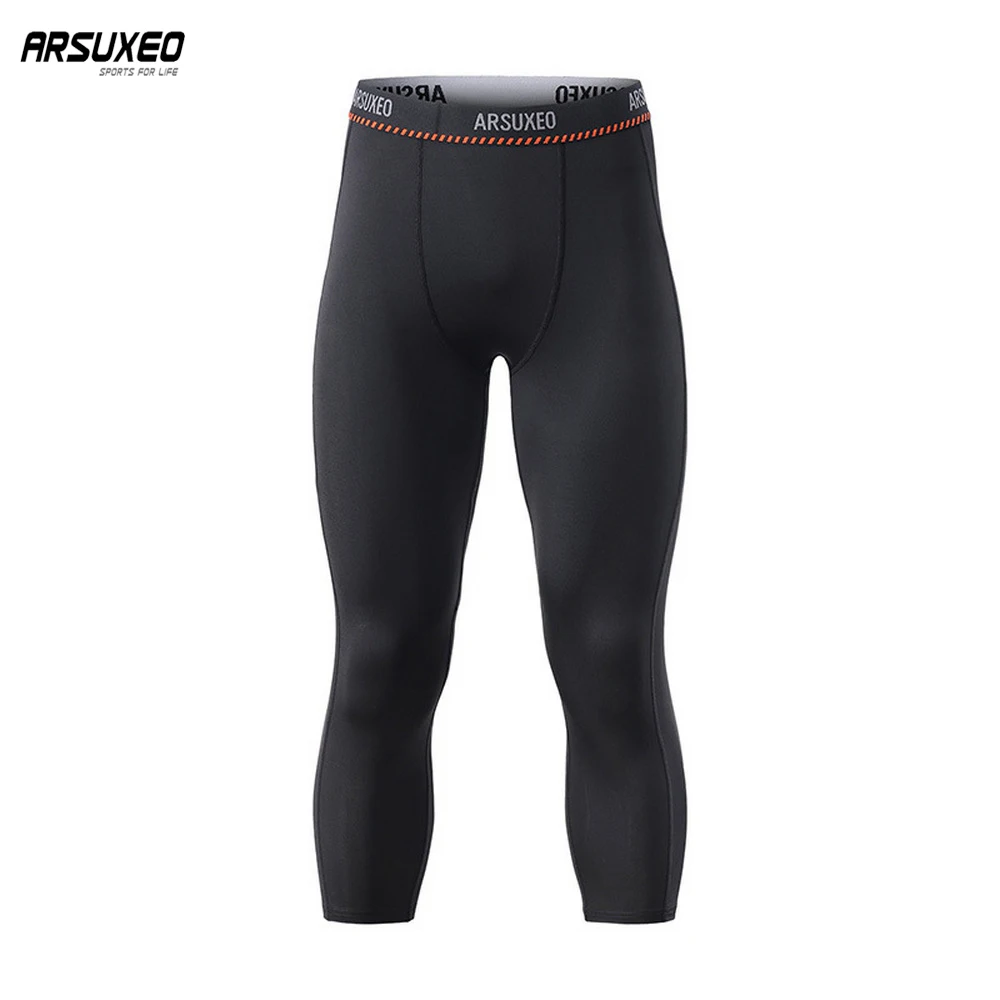 

ARSUXEO Men Sports Compression Tights Jogging Running Pants Quick Dry GYM Fiess Training Exercise 3/4 Trousers High Elastic