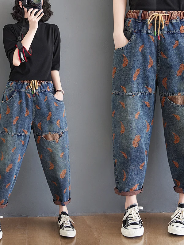 plus Size Embroidered Denim Trousers Loose Fit High Waist Harlan Style Women's Spring Fashion Slimming Personality Jeans