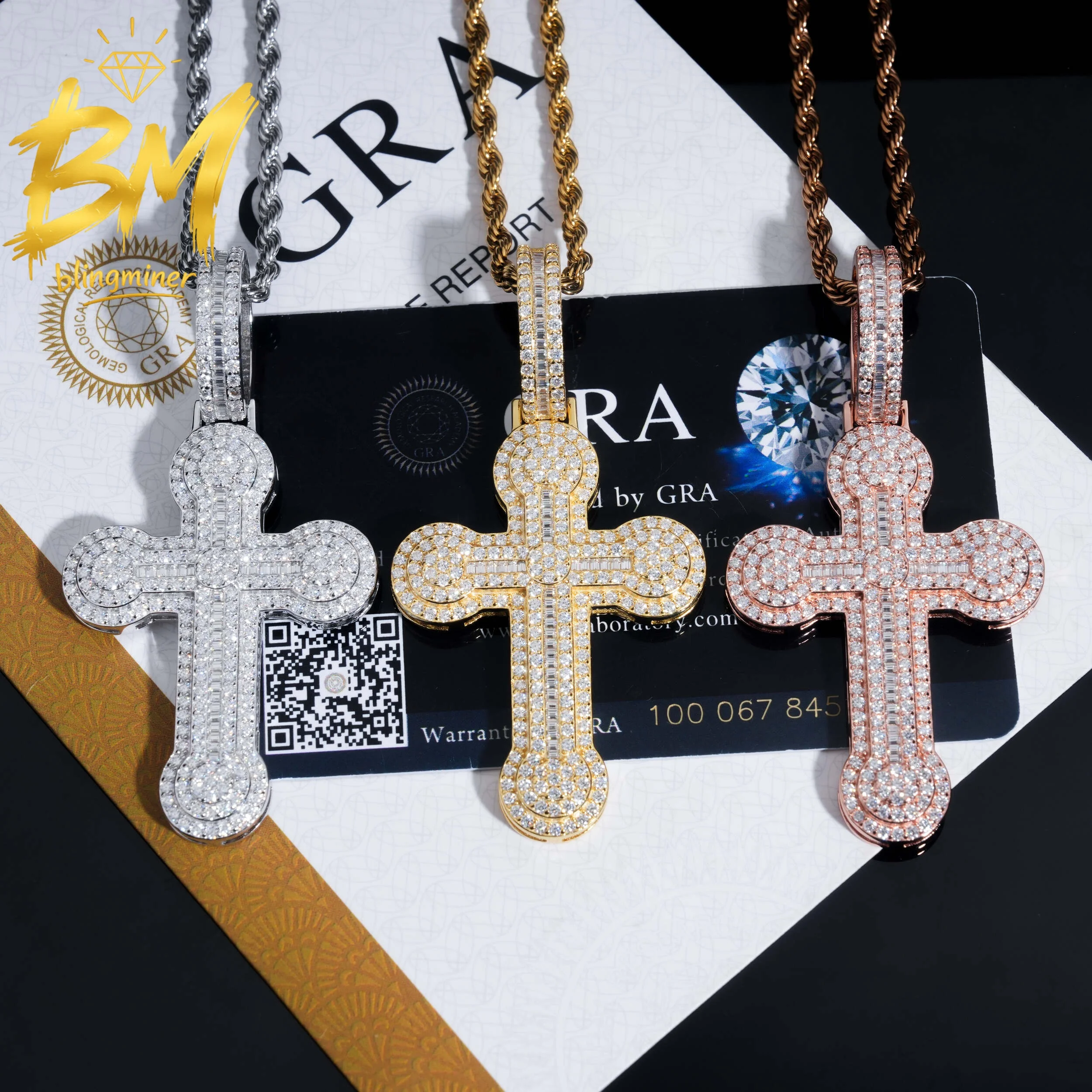 Blingminer Cross High-end S925 Silver VVS Moissanite Pendant For Men Women S925 Silver Pendants Jewelry Pass Diamonds Tester GRA