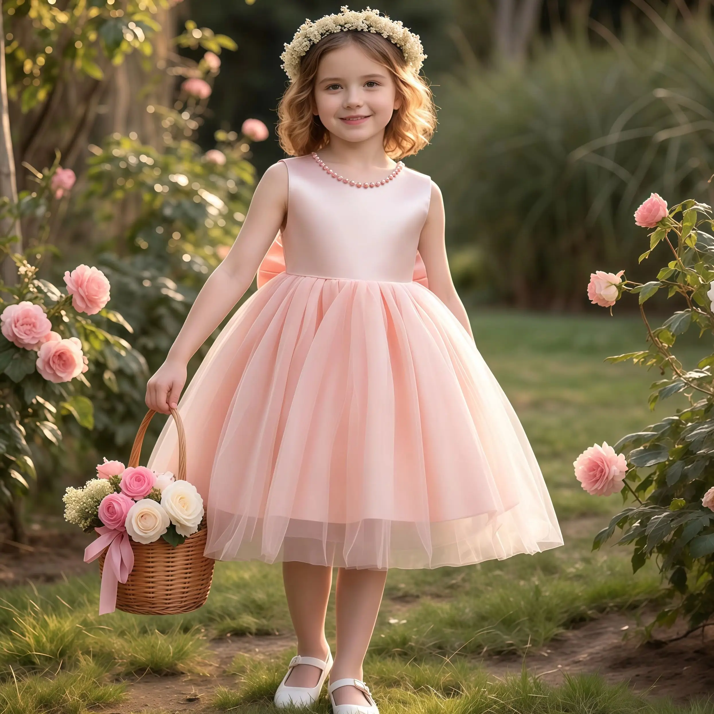 

Kids Pearl Decor Bow Back Deep V Party Princess Dress For Young Girls Birthday Party Wedding Graduation Celebration Vestidos