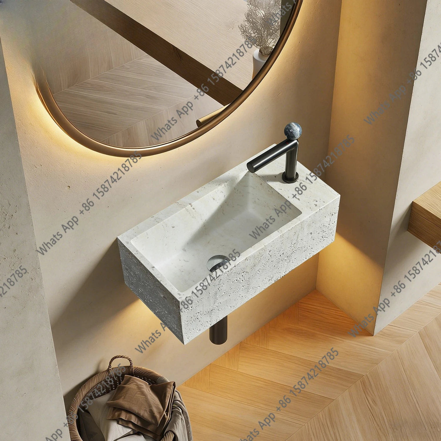 Medieval natural travertine wall-mounted washbasin, high-end sense small apartment, small size wall-mounted washbasin