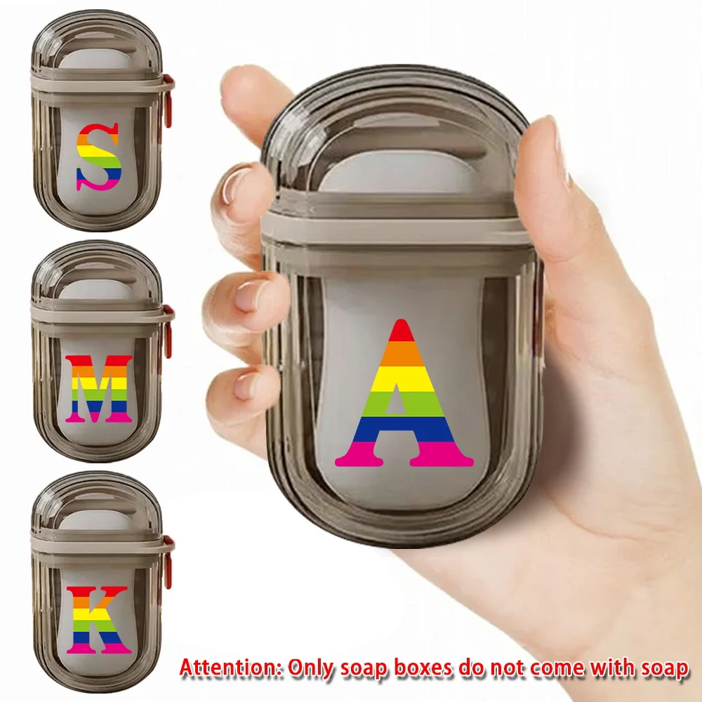 

Portable Soap Box Soap Storage Container Draining Soap Dishes With Lid Home Bathroom Travel Essentials Rainbow Letter Pattern