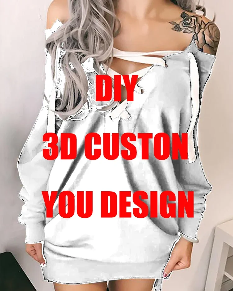 

MCDV DIY Custom Design DIY 3D Printed Off Shoulder Deep V-Neck Lace Up Long Sleeve Pullover Drop shipping