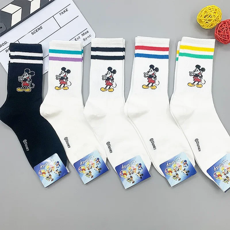 Calcetines de algodón de dibujos animados para mujer, medias de tubo medio con diseño de Mickey y rayas blancas, 1 par