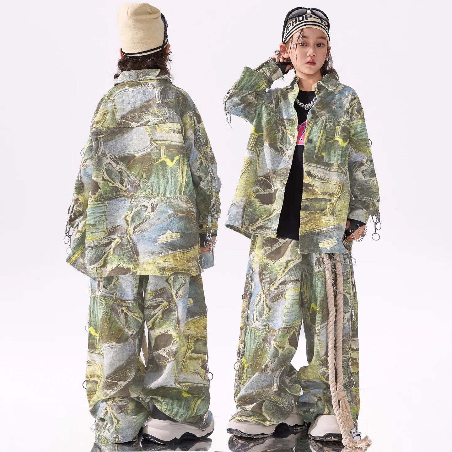 Kids Kpop Hip Hop Clothing Green Print Ripped Jacket Top Distressed Curved Blade Pants for Girl Boy Street Dance Costume Clothes