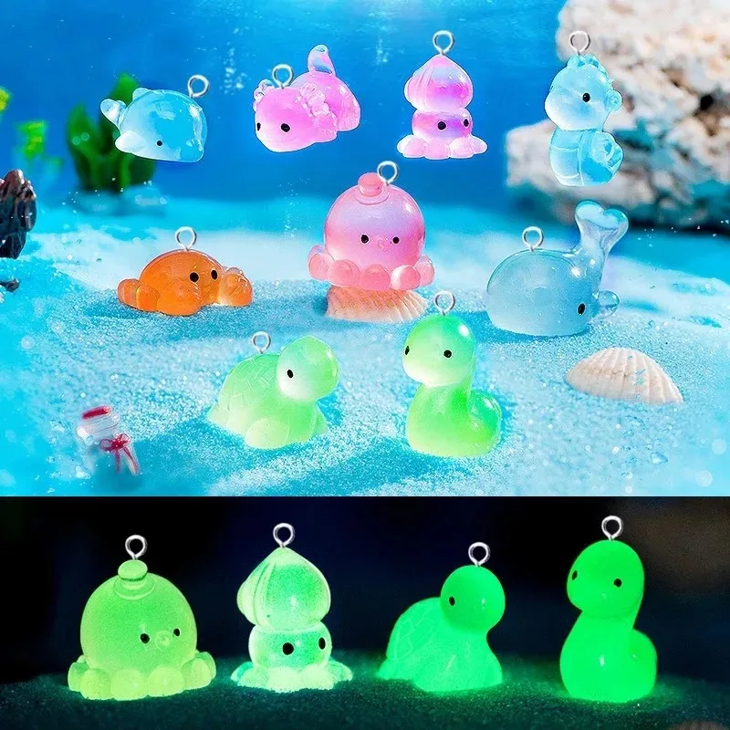 10pcs Marine Creature Resin Charms Luminous Dolphin Seal Sea Lion Turtle Octopus Pendants Jewelry Making