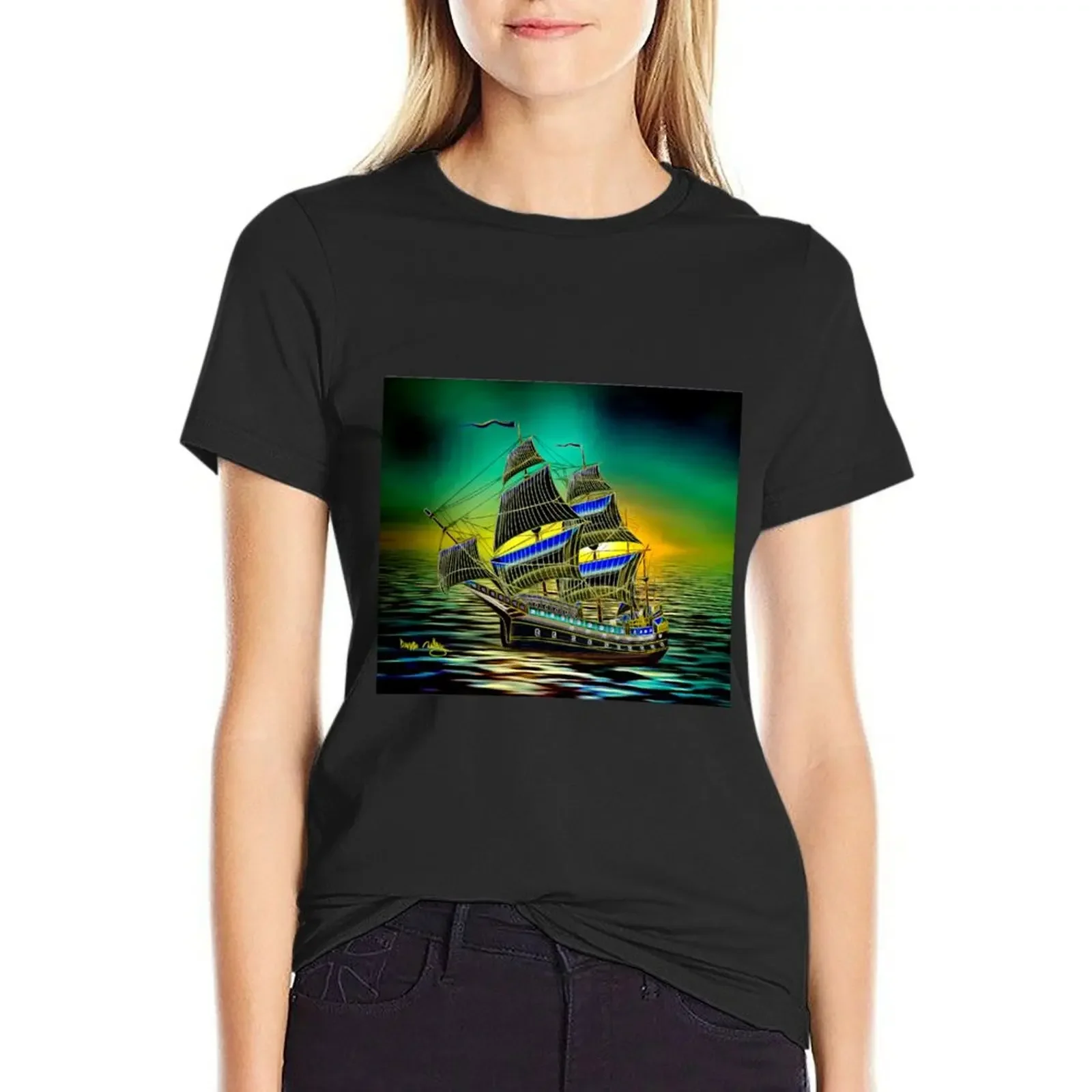 

A Colourful Line-art, Ship of the Line, Battleship at Sunset T-Shirt cute tops Women's tops
