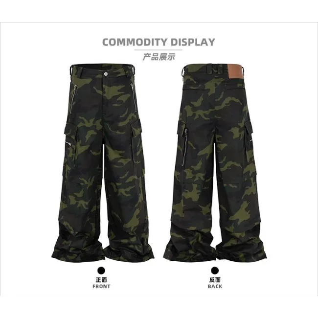 Street Loose Wide Leg Multi Pocket Jeans M65 กางเกงลายพราง Two Wear ชุดเอี๊ยมแบบถอดได้