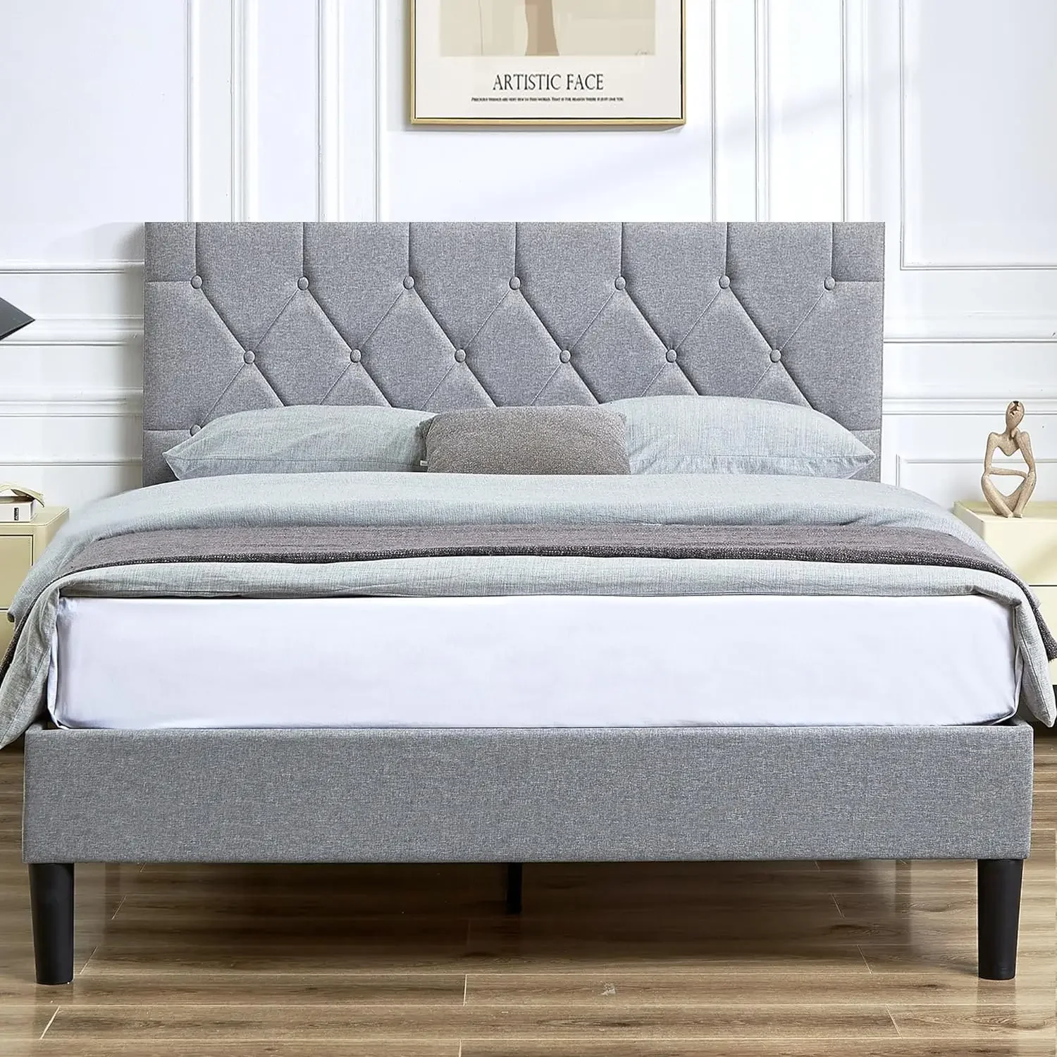 

Full Size Bed Frame, Upholstered Platform with Adjustable Button Tufted Headboard, Wood Slat Support, No Box Spring Needed