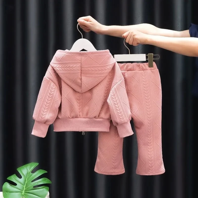 Fashion Girls Jogging Ensemble Casual Hooded Zipper Jackets And Split Flare Pants Outfit Korean Children Spring Fall 2 Piece Set