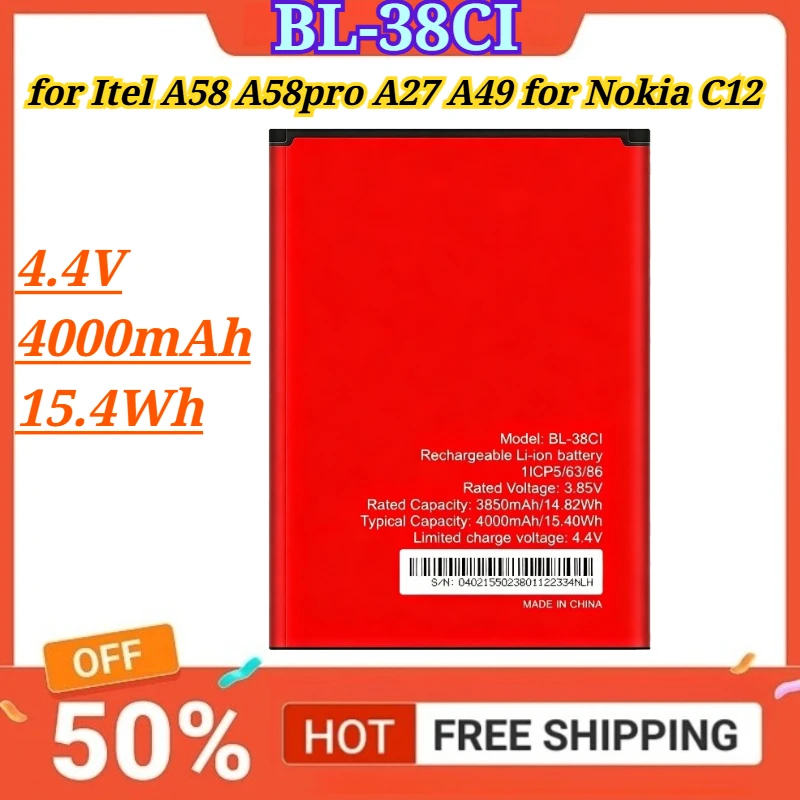 

BL-38CI 4.4V 4000mAh 15.4Wh New Compatible Battery for Itel A58 A58pro A27 A49 for Nokia C12 Mobile Phone Batteries