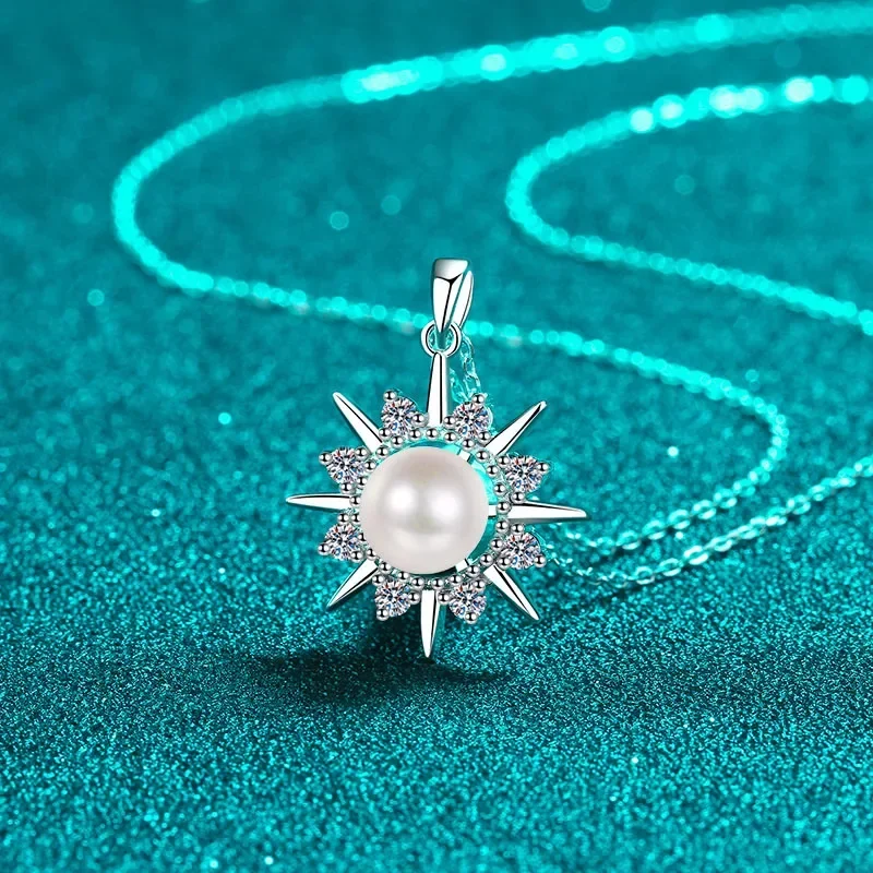 Sparkling Sunflower 0.32ct Moissanite Pendant Collarbone Chain with 8mm Pearl for Women, Luxury PT950 Platinum Wedding Necklace