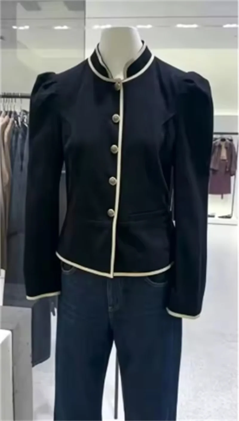 Guobioziy Women's Jacket 2026 Fall New Arrival, Elegant and Simple Long-Sleeve Stand Collar Blazer with Contrast Trim